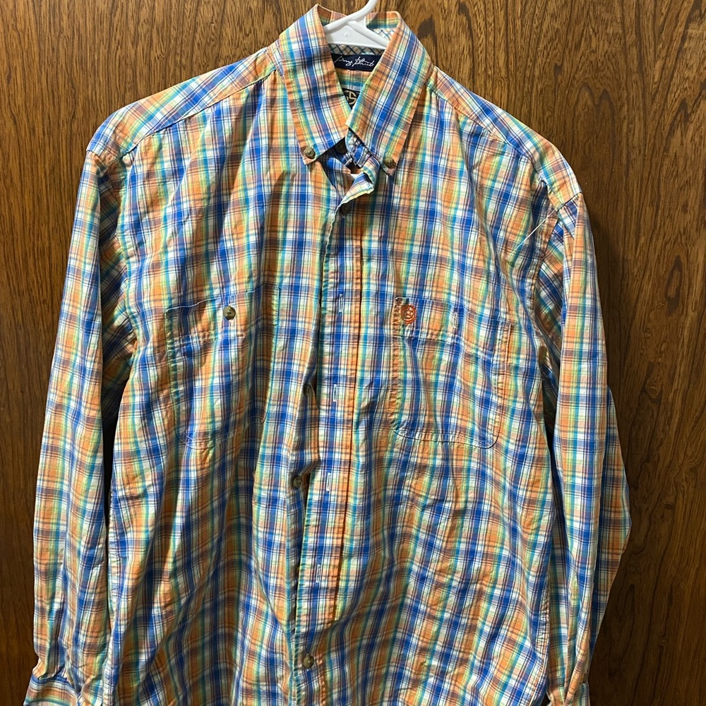 Wrangler George Straight Men's Orange and Blue Plaid Shirt